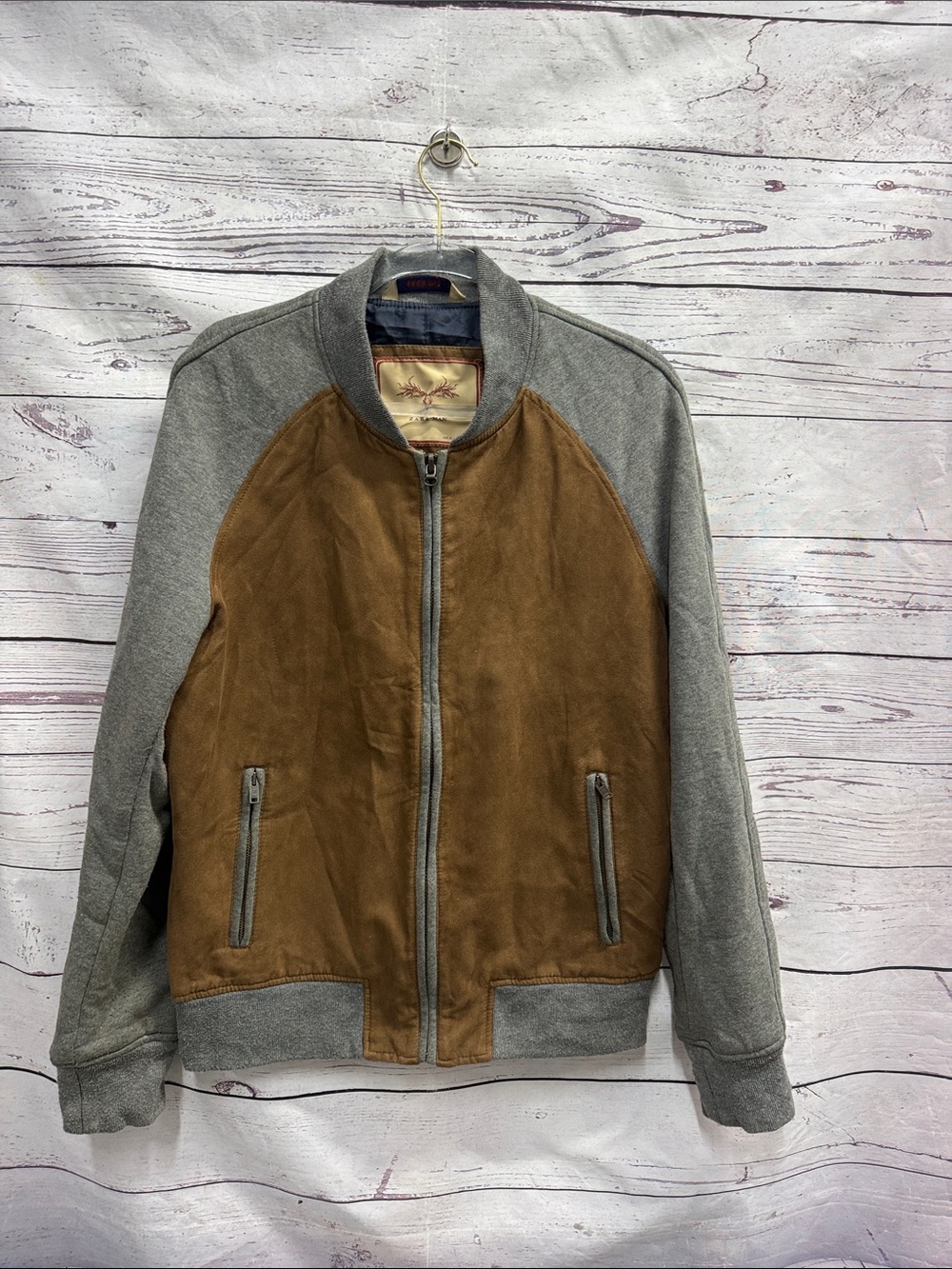Zara Men's Two-Tone Suede Bomber Jacket - Brown & Gray Size XL